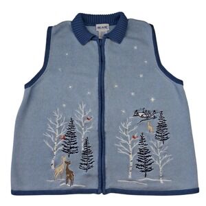 Blair XL Sweater Vest Blue Embroidered Cardinals Animals Snow Cozy Grandma